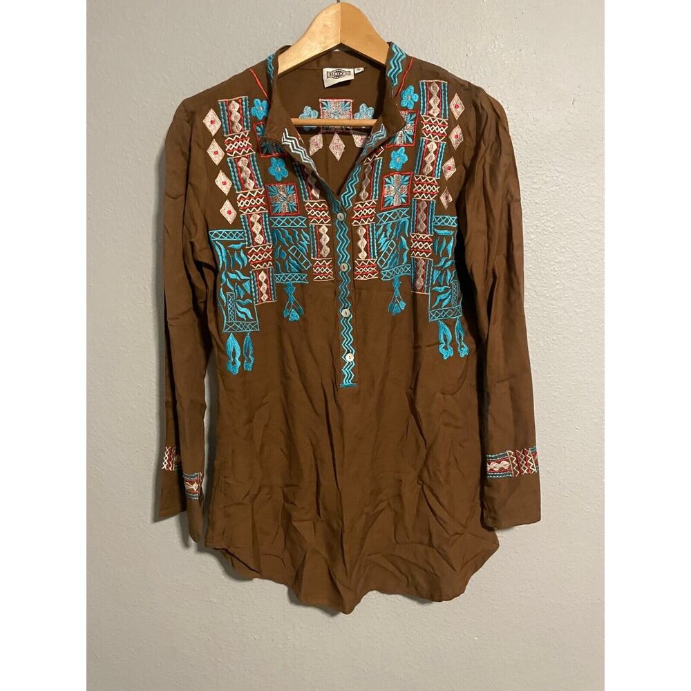 Rods Womens Tunic Small Brown Viscose Geometric Embroidered Popover Western Boho